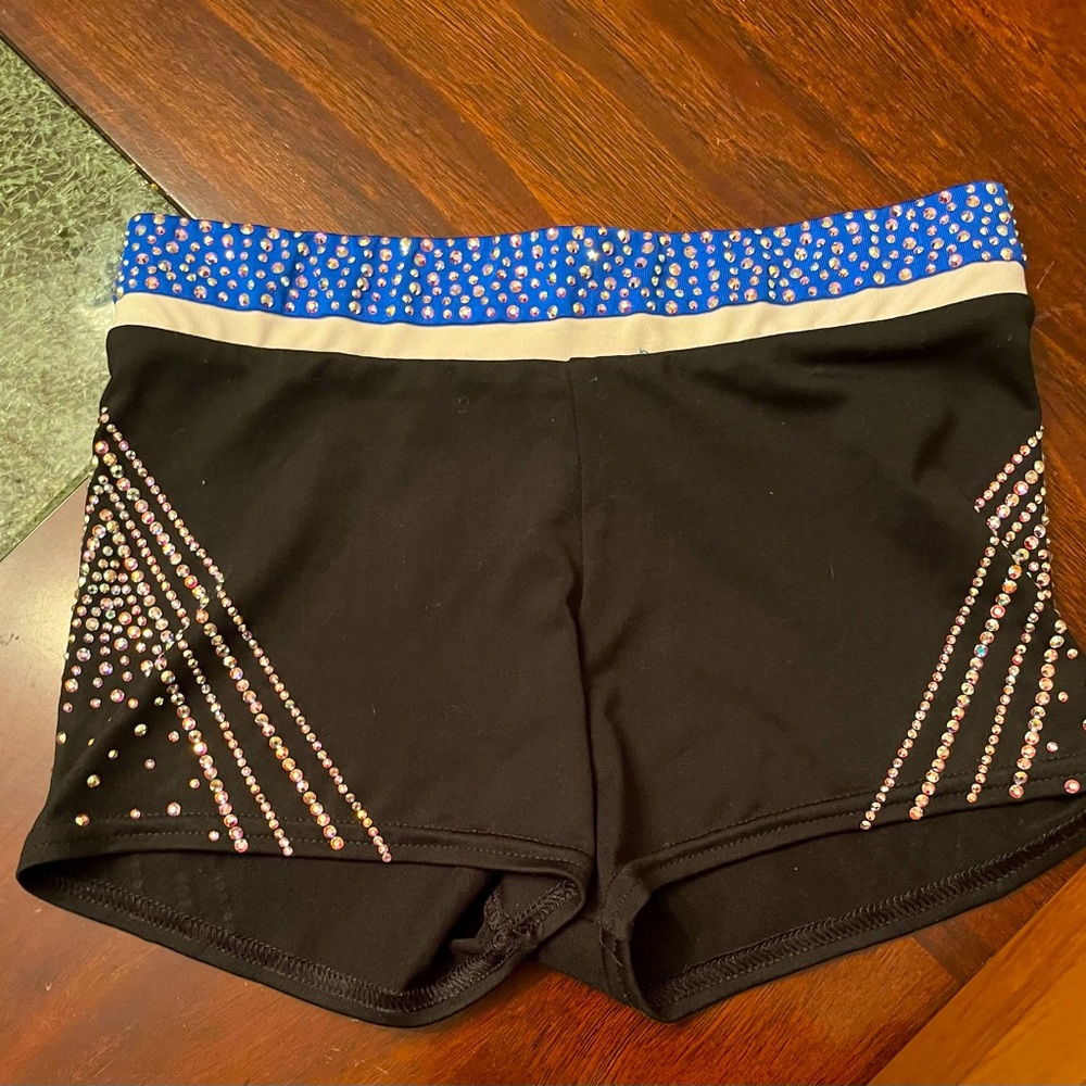 Girls size large uniform shorts with bling. Black with royal blue and white